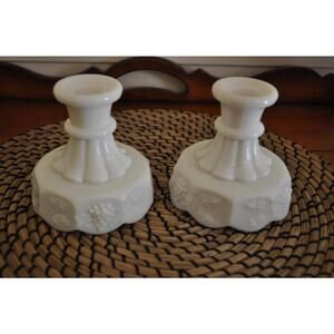 Pair of Westmoreland Paneled Grape Milk Glass Candlesticks